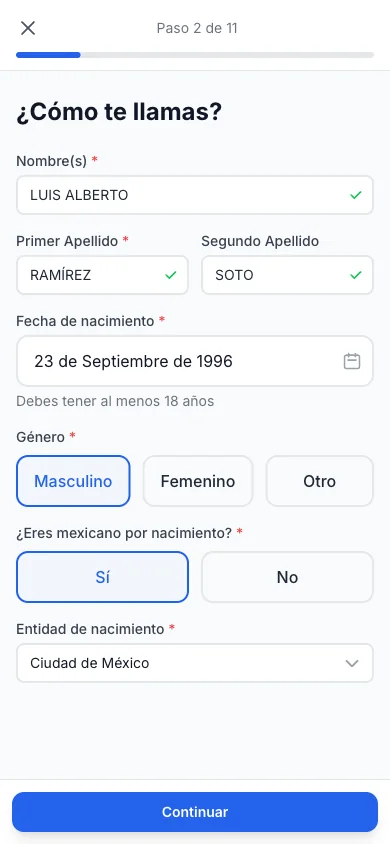 Formulario de datos personales, paso 2 de 11