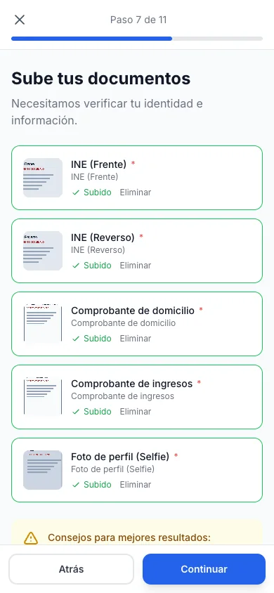 Carga de INE, comprobantes y selfie