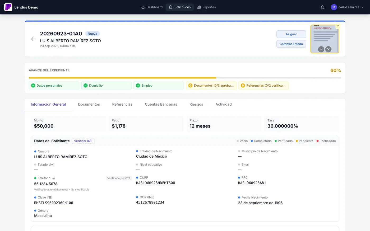Expediente con avance por sección y datos del solicitante